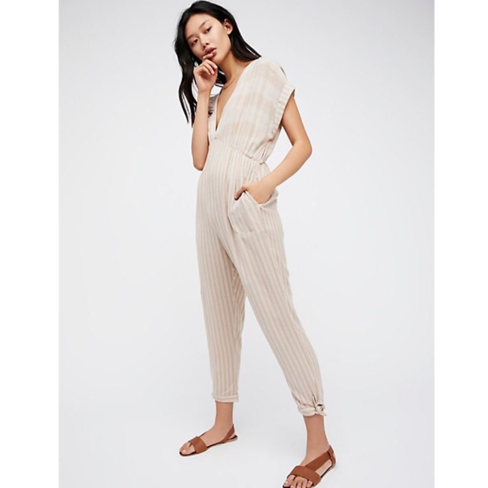 Free People Tan Striped Jumpsuit Size S